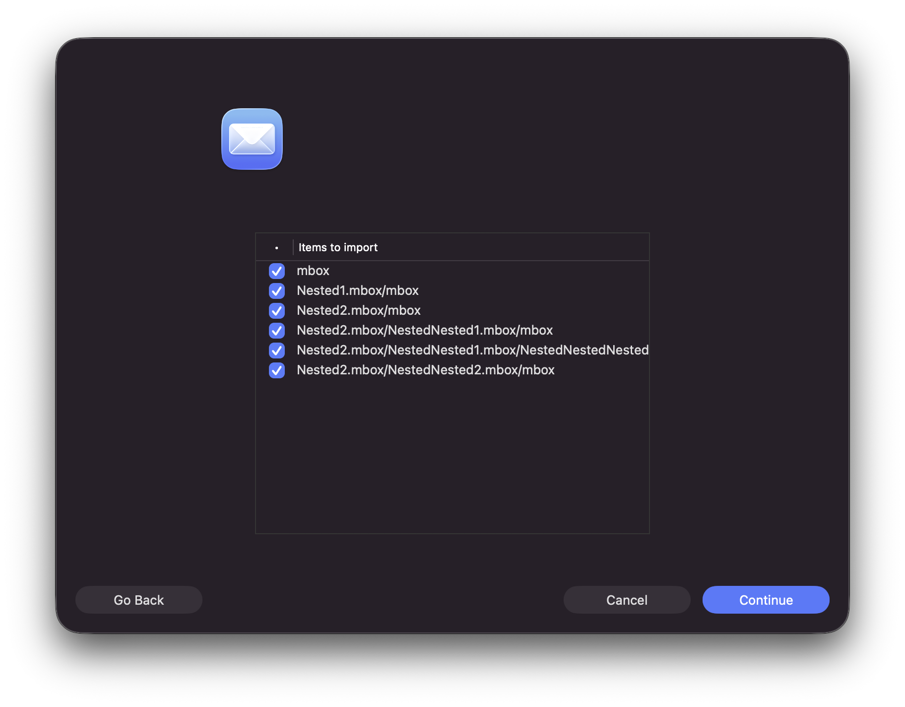 Apple Mail Import Mailboxes dialogue with 'Files in mbox format' selected