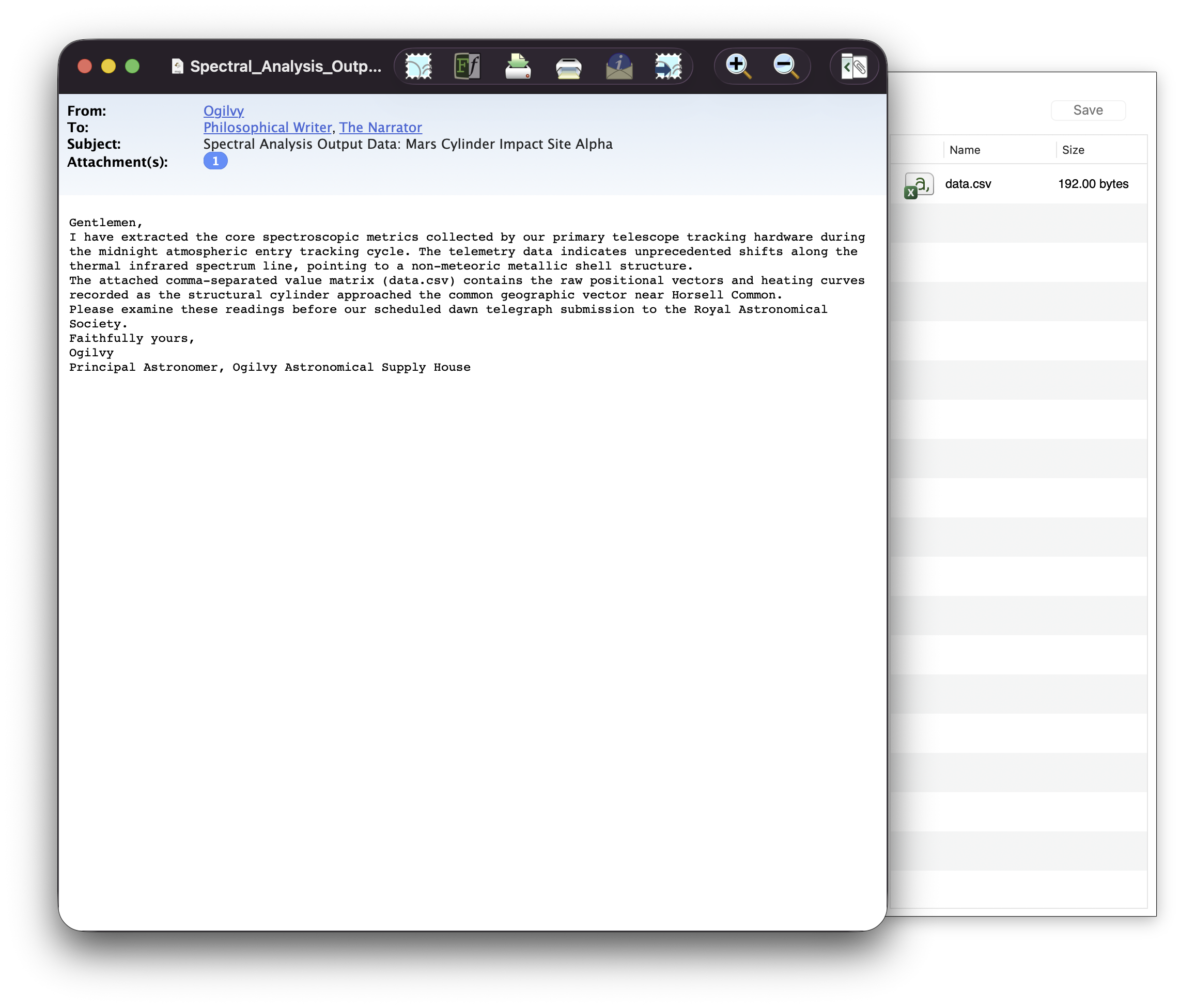 MailRaider attachments drawer open on Mac, showing drag-to-save